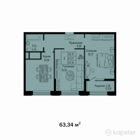 ЖК Яссауи — 2-ком 63.3 м² (от 26,602,800 тг)