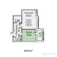 ЖК Парус — 1-ком 60.7 м² (от 25,506,600 тг)