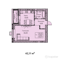 ЖК Eva — 1-ком 42.1 м² (от 22,528,850 тг)