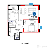 ЖК Boulevard Residence — 2-ком 75.3 м² (от 81,062,396 тг)