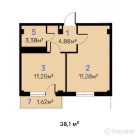 ЖК Гранит — 1-ком 38.1 м² (от 13,335,000 тг)