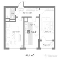 ЖК 12 месяцев — 2-ком 65.1 м² (от 40,037,281 тг)