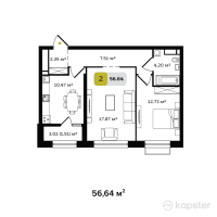 ЖК Turar — 2-ком 56.6 м² (от 20,390,400 тг)