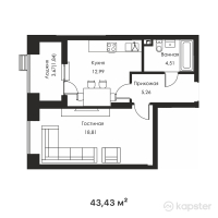 ЖК Aqzam — 1-ком 43.4 м² (от 22,366,450 тг)