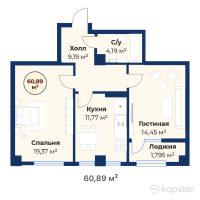 ЖК JAS OTAU Turan — 2-ком 60.9 м² (от 18,997,680 тг)