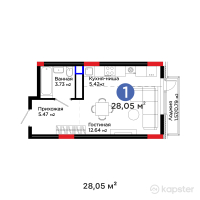 ЖК Sezim Qala. Orken — 1-ком 28.1 м² (от 12,201,750 тг)