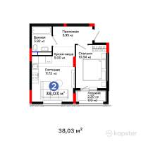 ЖК Sezim Qala. Orken — 2-ком 38 м² (от 16,390,930 тг)