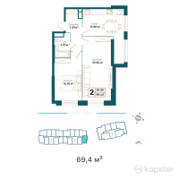 ЖК Ozen Park Navoi — 2-ком 69.4 м² (от 53,299,200 тг)