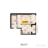 ЖК Sapfir — 1-ком 38.3 м² (от 16,469,000 тг)