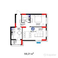 ЖК Сердце столицы — 2-ком 59.2 м² (от 32,505,000 тг)