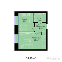 ЖК Кайынды — 1-ком 34.2 м² (от 12,304,800 тг)