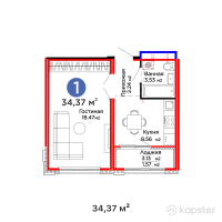 ЖК AQJUREK Белорусский квартал — 1-ком 34,4 м² (от 12 407 570 тг)