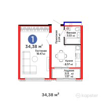 ЖК AQJUREK Белорусский квартал — 1-ком 34,4 м² (от 12 411 180 тг)