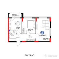 ЖК Bosaga — 2-ком 60,7 м² (от 26 105 300 тг)
