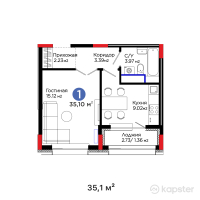 ЖК OİU — 1-ком 35,1 м² (от 17 971 200 тг)