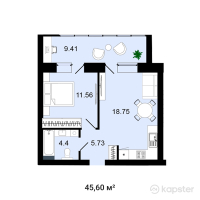 ЖК Nova Ribat — 1-ком 45,6 м² (null)