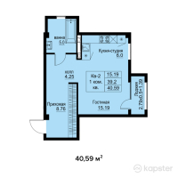 КД Esentai terrace — 1-ком 40.6 м² (от 39,169,350 тг)